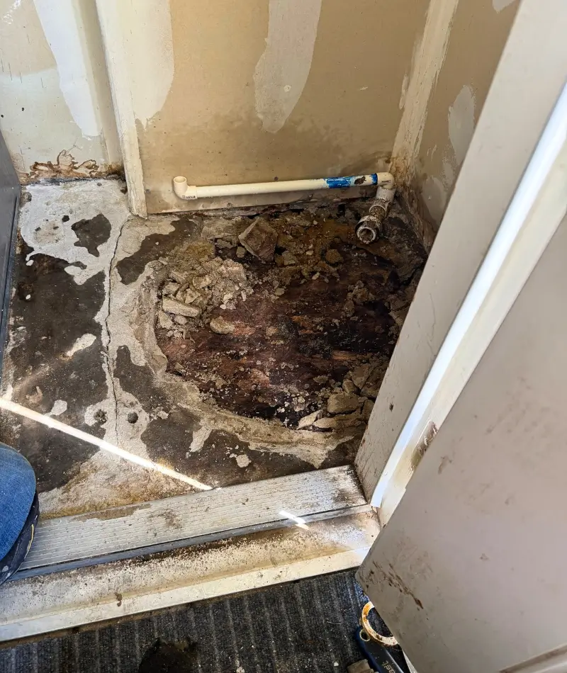 Water-damaged subfloor exposed during residential water damage restoration
